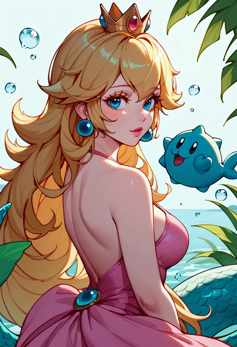 score_9, score_8_up, score_7_up, nami (league of legends), 1 girl, blue eyes, mermaid tail, blonde hair, sexy, princess peach dr...