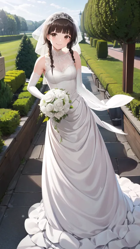 masterpiece, best quality, highres, aayoshino, long hair, twin braids, brown eyes, hair over shoulder, wedding dress, white dres...