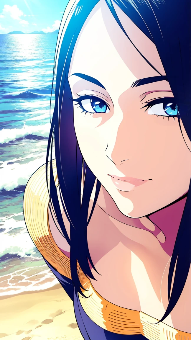 1girl with long black hair, detailed realistic face, beautiful detailed eyes, beautiful detailed lips, extremely detailed face, long eyelashes, woman standing on the beach, ocean waves, golden sunset sky, soft sand, tropical plants, photorealistic, 8k, high resolution, intricate details, cinematic lighting, vibrant colors, dramatic lighting, volumetric lighting, realistic skin textures, realistic clothing textures, hyper detailed, masterpiece