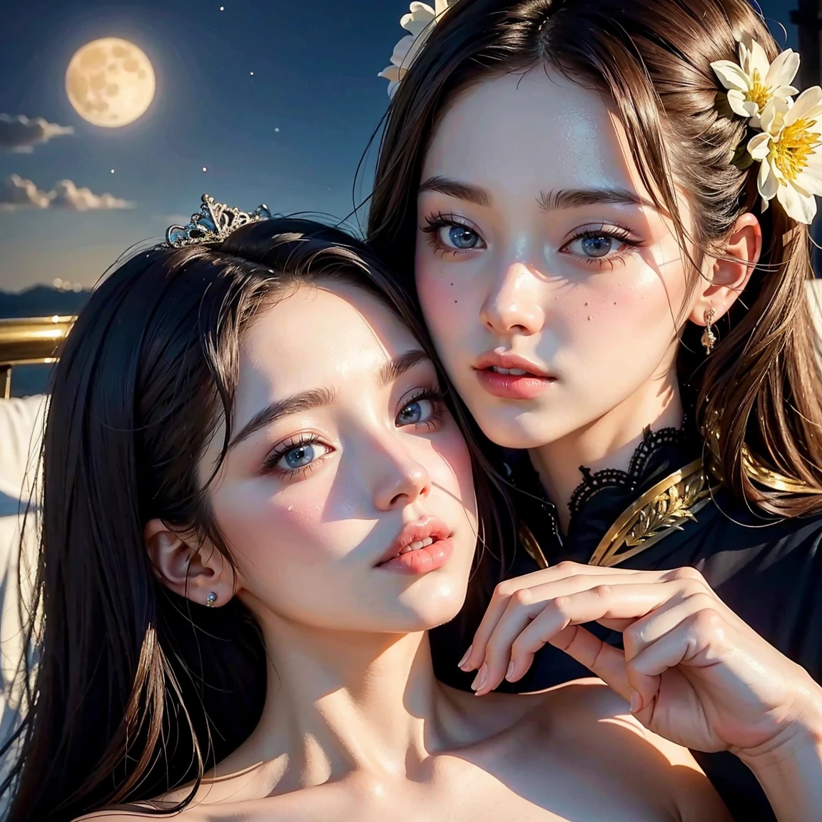 (masterpiece, highest quality, official art, beauty and aesthetic, the most important work), perfect anatomy, perfect hands, two stunning bride is deeply in love with each other, kiss, romantic atmosphere, flower and moon, magnificent panorama view