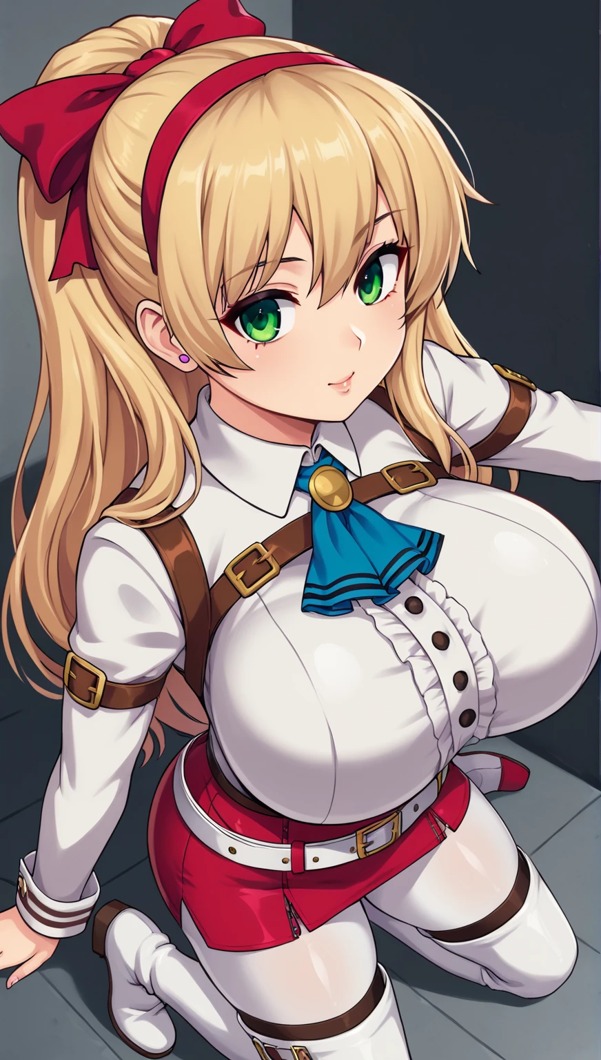 1girl, breasts, elie macdowell, long hair, blonde hair, green eyes,hairband, blue ascot, hair ribbon, long sleeves, belt, pantyhose, white boots, 1girl, medium breasts, elie macdowell, long hair, blonde hair, green eyes,hairband, blue ascot, hair ribbon, long sleeves, belt, pantyhose, white boots,  Anatomically Correct, a perfect body sexy beautiful girl with huge breast and huge ass (Thick thighs:1.5)(Large breast:1.5)