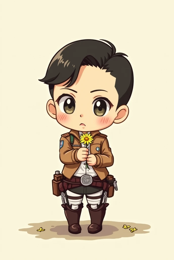 Levi Ackerman  (character from the anime attack on titan)
Giving a yellow flower to the viewer Anime chibi version 