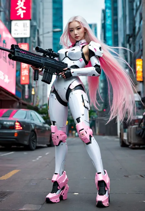 reality, high resolution, soft light,1 female, solitary, hips up, (delicate face), white long hair, cyber warrior, legs and arms...