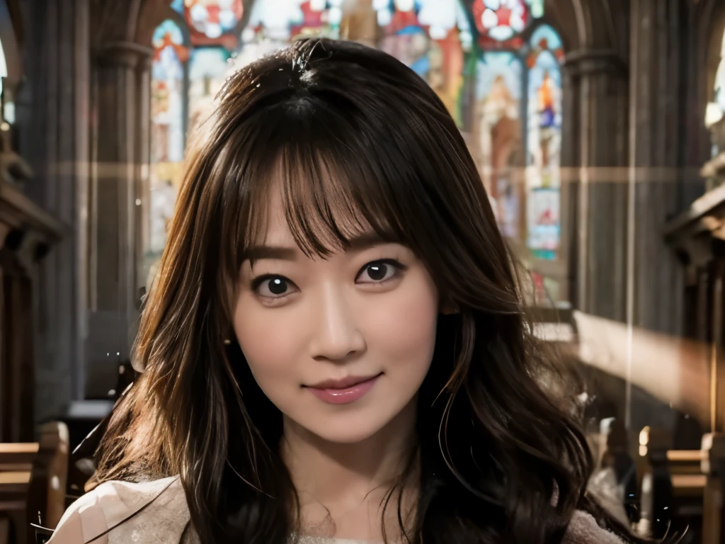 ultra HD, masterpiece, Highest quality, Just One Girl, very pretty,Nice face, Detailed eyes, Lol, Glossy Lips, Detailed eyes, beautiful, sweet, sun glare,red color wedding dress, Depth of written boundary, Blurred Background, with a cathedral background, Particles of light, very Long Hair、bangs,At church,tears