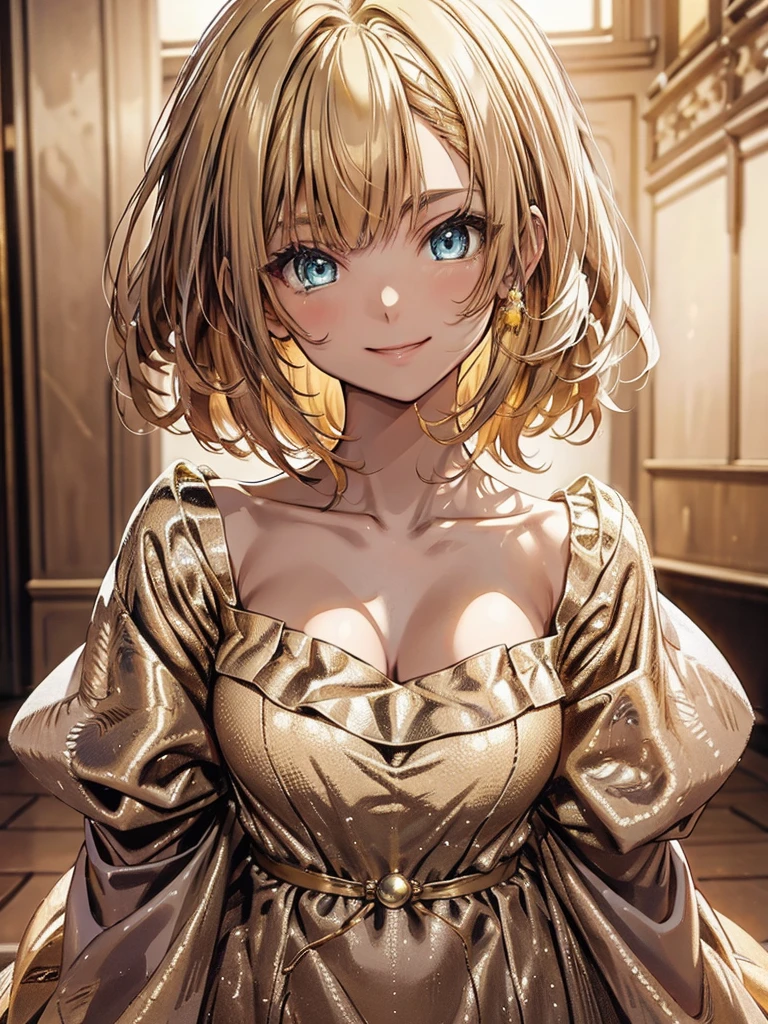 beautiful,young,princess,anime style,gold hair,gold eyebrows,blue eyes,medium hair,golden dress,smile