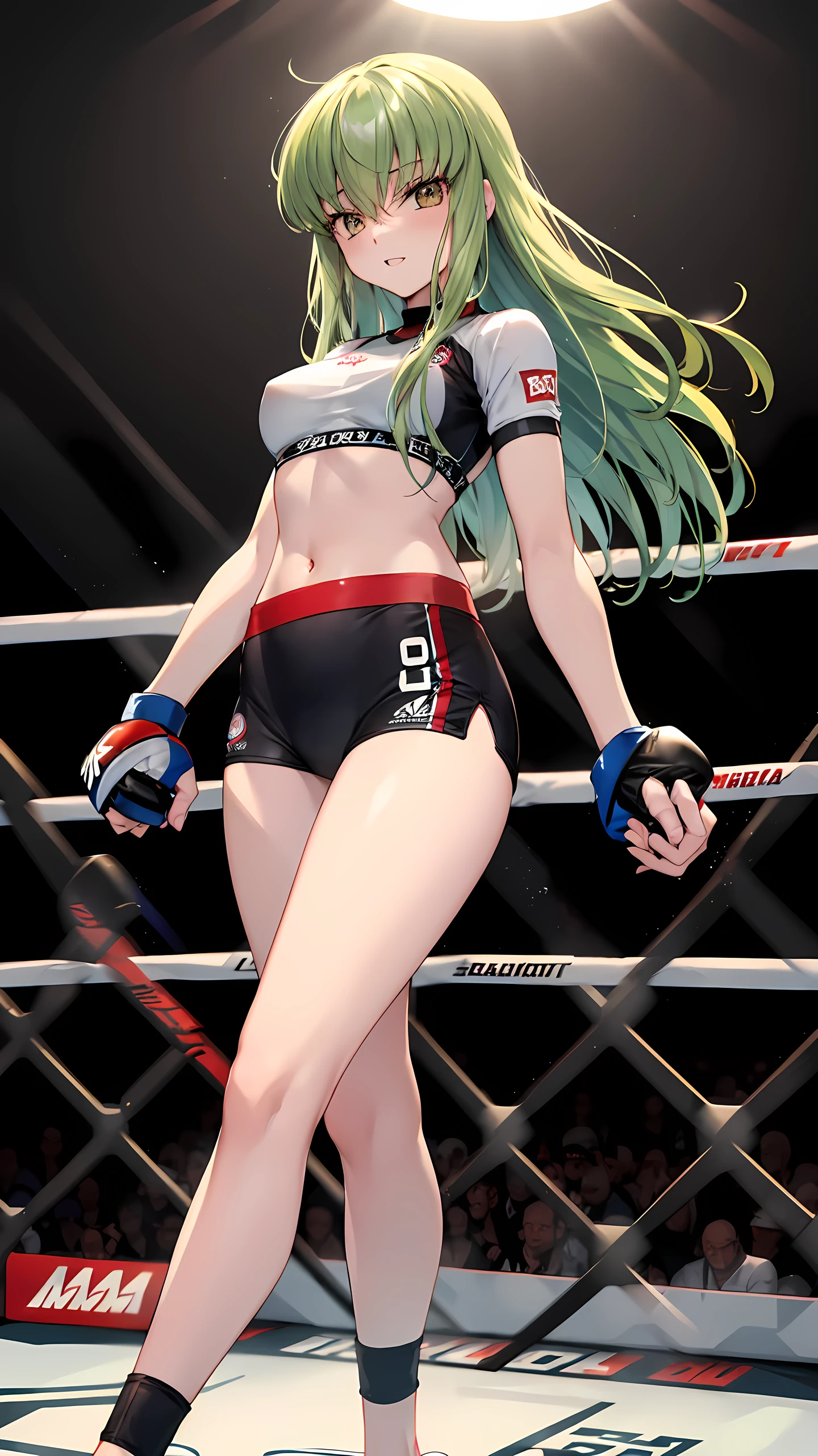 CC_Code Geass, Hair between the eyes, Very long hair 1 person, Bright light, laughing, alone, full body shot, Fighting, (masterpiece, Highest quality), 8k, Intricate details, (on MMA Arena :1.5), (wearing MMA uniform:1.5, white tops and black bottoms:1.3), belly button,Slender body,Slim,((Highest quality)), Sharp focus: 1.2, Highly detailed face, Highly detailed eye,Toned stomach,(from behind:1.3, from below),high leg cut,