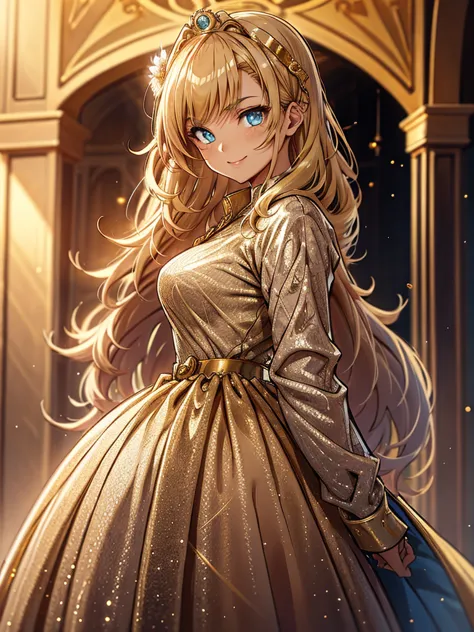 beautiful,young,princess,anime style,gold hair,gold eyebrows,blue eyes,medium hair,golden dress,smile