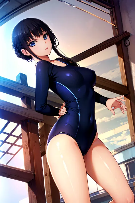 (best quality,4k,8k,high resolution,masterpiece:1.2)、 (((1 girl)))、navy blue school swimsuit、、slim body、anatomically correct、cor...