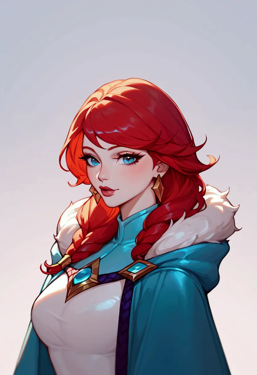 score_9, score_8_up, score_7_up, aurora (league of legends), 1 girl, blue eyes, red hair, sexy, squinty eyes, earrings, long eye...