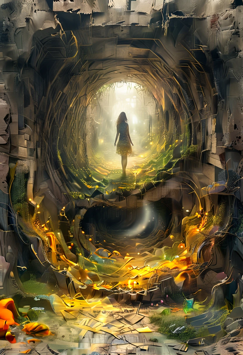 view of a labyrinth, peripheral vision of the labyrinth, very high and complicated maze to get out of, abandoned maze, woman entering the maze, woman in rags and barefoot, super detailed, super realistic, super quality, CRIE.