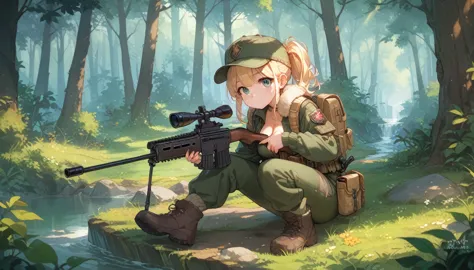 cute hunter girl, cap, torn hunter uniform, hold a sniper_rifle, aim, aining big bear, at forest, cleavage