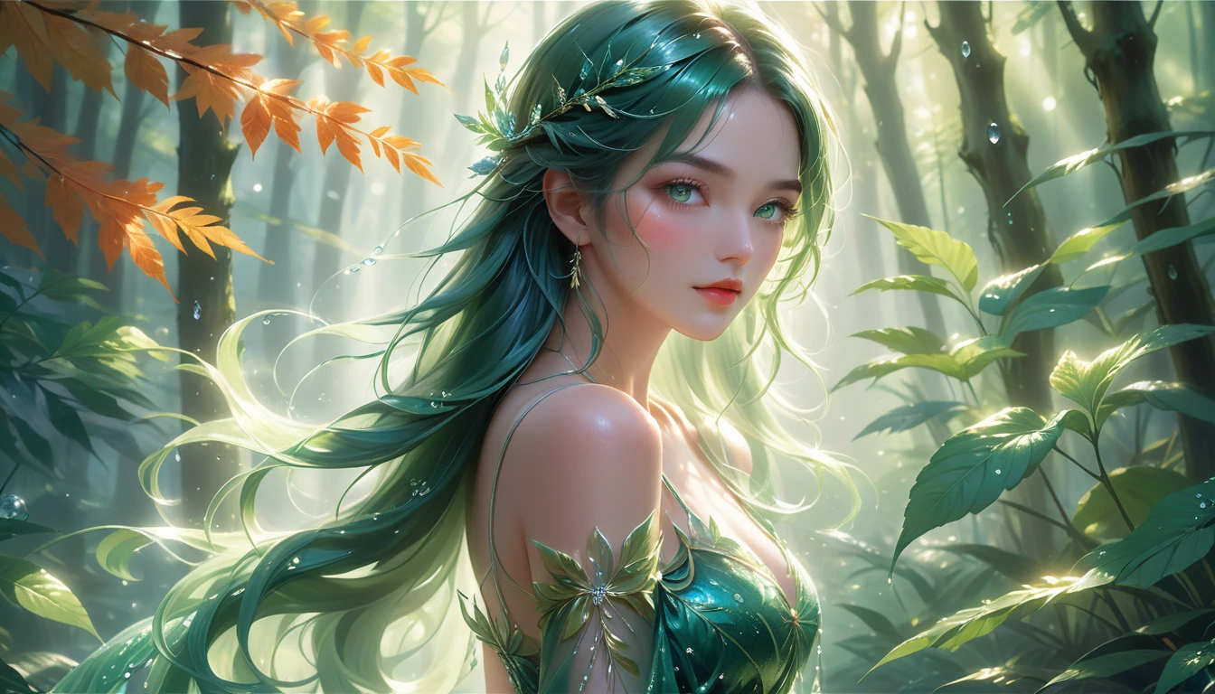 A Masterpiece In 32K Resolution, Supreme Quality, Super Detail, Official Art, Very High-Resolution 32K Wallpaper, Serene And Aesthetic, Ultra-Detailed Features, Awe-Inspiring Detail. A Lush Forest With (Sunlight Filtering Through Leaves), (Dew-Drops On The Grass), And Skin With A Gentle, Dewy Glow (Highlight Her Ample Breasts). A Girl With A Soft, Thoughtful Expression, Flowing Dark Green Hair, Cascading Like Vines, And Bright Emerald Eyes That Sparkle With Life. Her Features Are Delicate And Breathtaking, Wrapped In (Sunlit Forest Shadows). (Beautifully Detailed Beauty), With Gentle Expressions That Echo The Peaceful Atmosphere. The Water Reflects The Forest's Rich Colors, And Her (Graceful Face) Is Brought To Life With Unmatched Precision. This Original Artwork Captures The Essence Of Nature, Showcasing A Figure Both Harmonious And Incredibly Detailed.