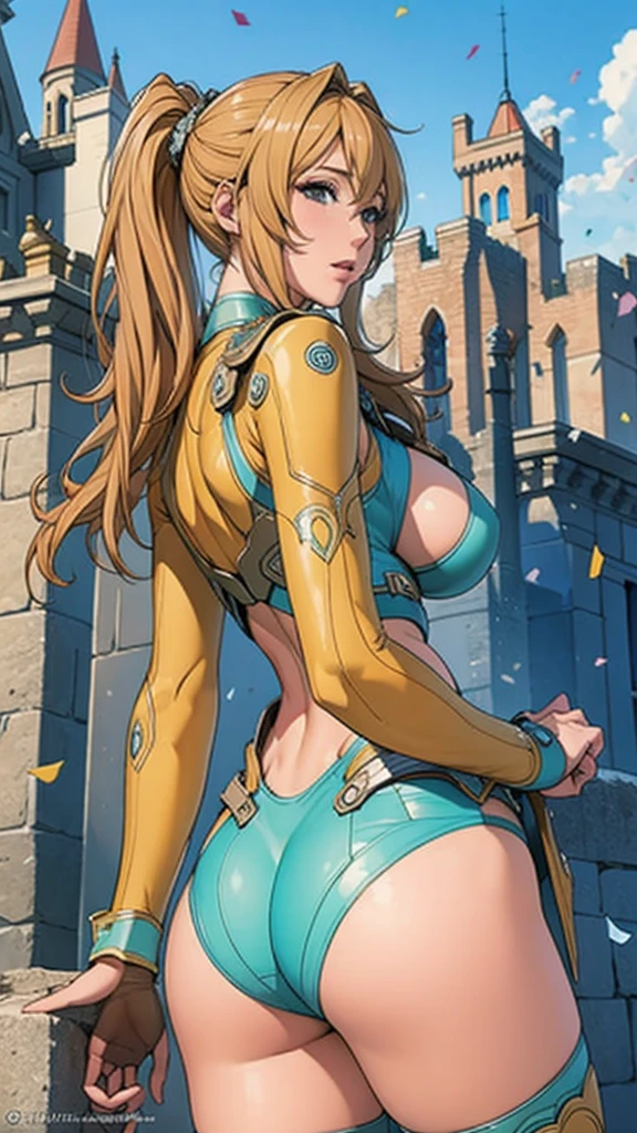 Best Quality, Official Art, masterpiece, Textile Shading, High resolution, Very detailed, colorful, Best details, Fantasy, Combat Uniform,1 female, 2, A castle town with an old castle view, sunny,Messy Hair, Large Breasts, skinny,Surrounded by a lot of people:1.9、Confetti falling、Blessed、Welcomed、Camel Toe:1.3, Looking Back,