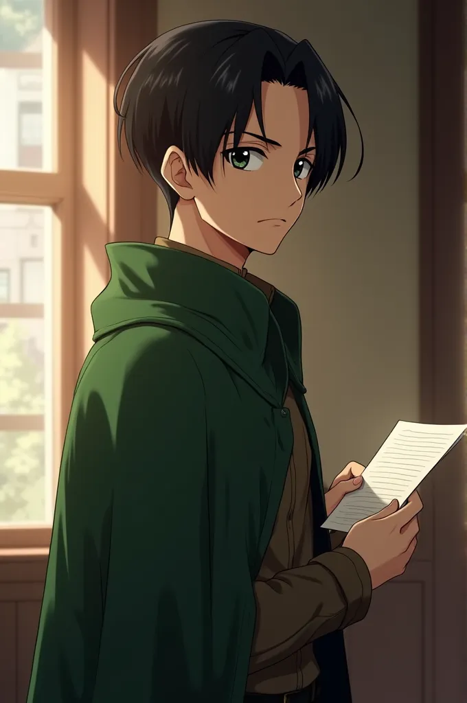 ((4K works))、​masterpiece、（top-quality)、((high-level image quality))、((One Manly Boy))、Slim body、((green survey corps cloak fashion))、((Men's Fashion))、(Detailed beautiful eyes)、town in the morning、Levi Ackerman、Attack on Titan、((short hair above the ears))、((Smaller face))、((Neutral face))、((2))、((Handsome man))、((Korean Makeup))、((elongated and sharp eyes))、((Black eyes))、((Like a celebrity))、Everyday photography、((Shot alone) )、((Shot diagonally from the side))、((Upper body photography))、((Sharp eyes)) WAS holding ONE piece of paper, background, writing room, private house