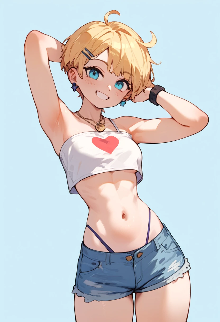 Very small denim shorts　smile　　from the front　Contrapposto　　　Small waist　Short stature　　High leg panties　　Figure pose　　Very narrow tube top　Animal elements