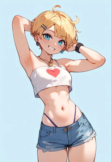 very small denim shorts　smile　　from the front　contrapposto　　　small waist　short stature　　high leg panties　　figure pose　　very narr...