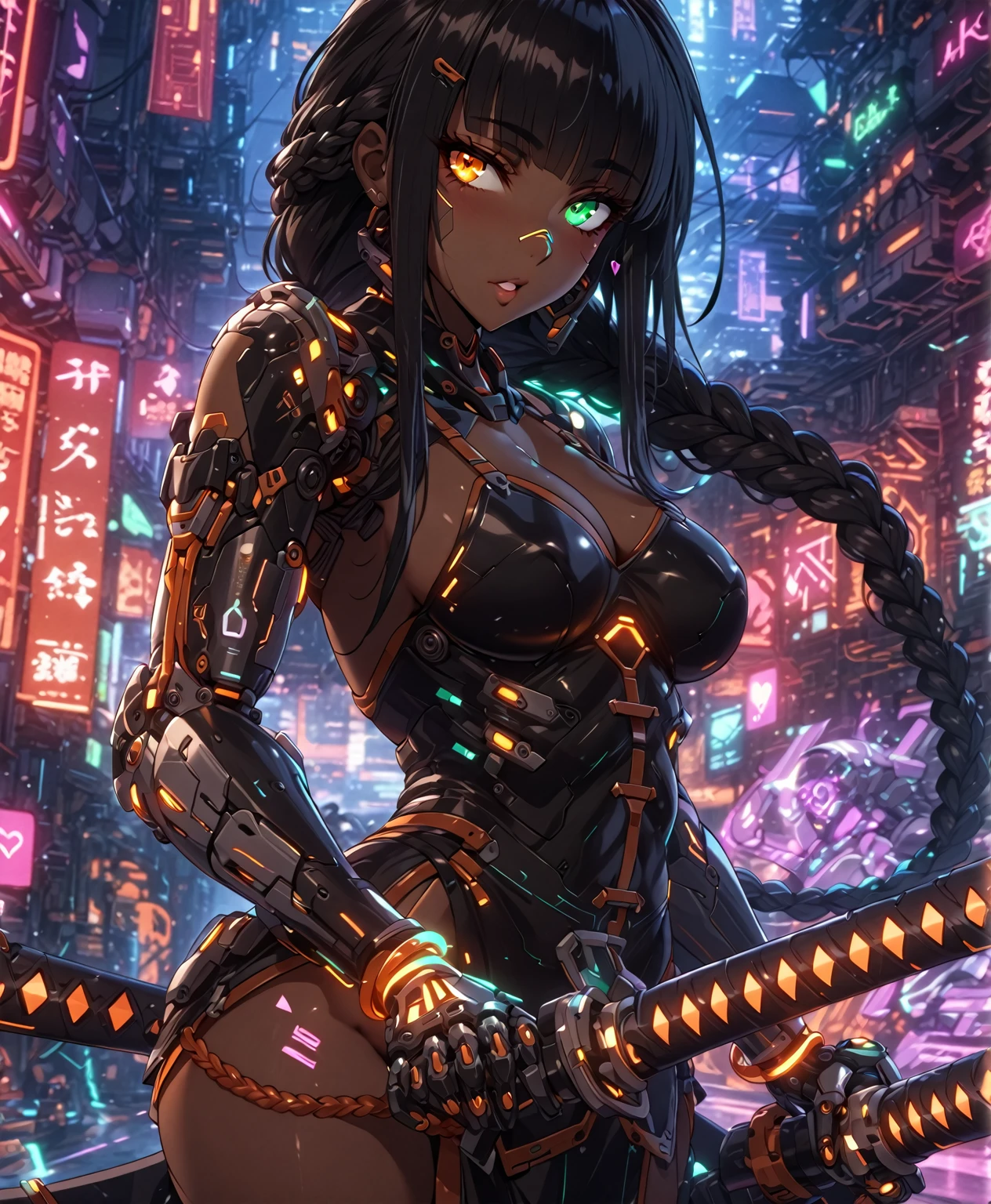 Black woman, sensuous, curvaceous, carnal,cool, powerful, (wearing cybernetic  grim Reaper mask, cyberpunk mecha ninja, mecha holographic dress, an orange bracelet:1.2), braids, long hair, (heterochromia eyes:1.2), big , (chocolate-skinned female, statuesque, voluptuous, braided black hair, soft heart-shaped face, concaved Nubian button nose, powerful. , tone, slender physique, heart hips, an eye-catching beauty, bottom-Heavy: Red green, and orange neon blacklight art, Masterpiece, hyper-aesthetic, hyper-absurd resolution, atmospheric perspective, depth of field, atmospheric shading, atmospheric lighting, ultra-high resolution, cinematic lighting, thick line detailed animation,4k, hyper resolution animation, best quality, expressive eyes, perfect face, perfect eyes, perfect anatomy, perfect physique, perfect hands, dynamic shading, dynamic pose, dynamic perspective, dynamic line of action, Raw sensuality