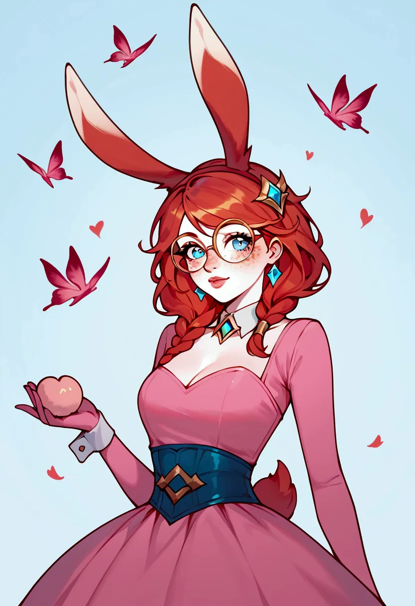 score_9, score_8_up, score_7_up, aurora (league of legends), 1 girl, blue eyes, red hair, sexy, round glasses, freckles, bunny e...