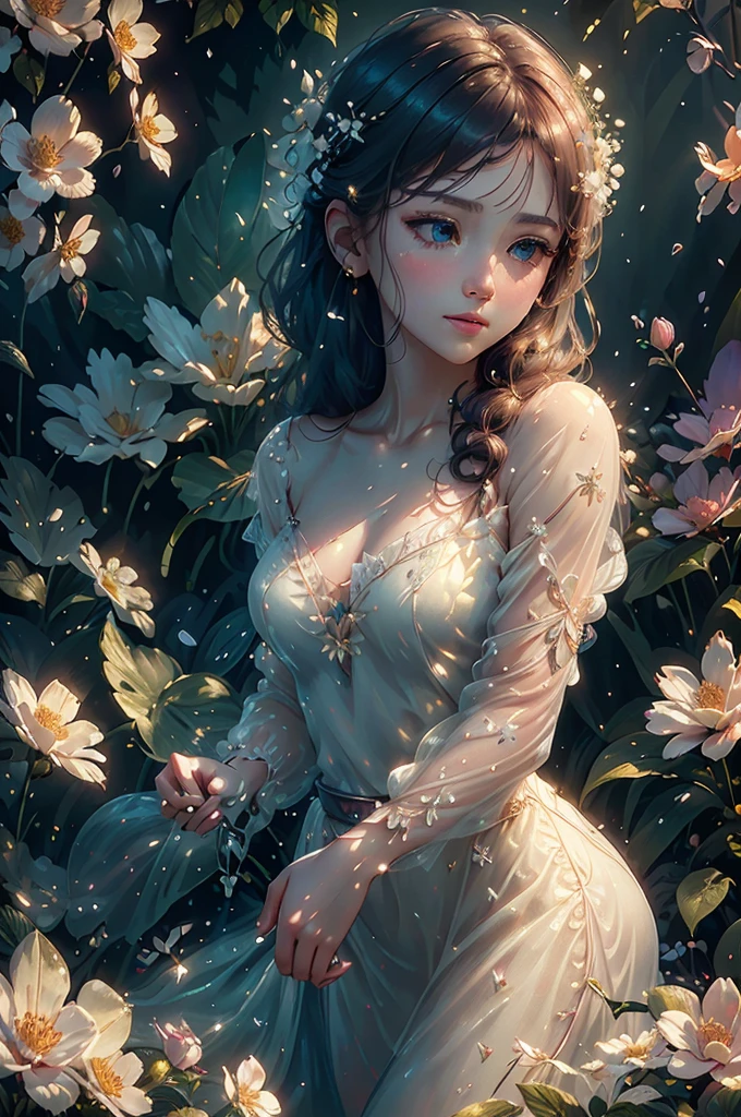 a beautiful young girl in a lush summer garden, soft morning light, delicate white dew on the flowers, ethereal atmosphere, intricate botanical details, elegant pose, serene expression, masterful illustration, photorealistic, 8k, extremely detailed, high resolution, vibrant colors, natural lighting, cinematic composition