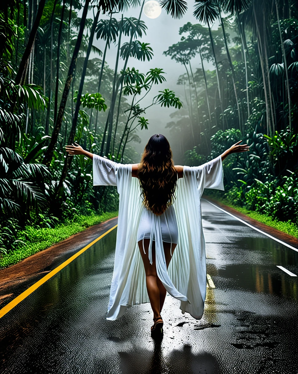 in the gloomy dark night of an old road in tropical forest of Malaysia. Dramatic sky. moon light spill on the road. there is a beautiful woman standing tilted in the middle of the road. scary smiling to the camera. she is wearing white dirty cloths, she has very long hair, touched and swipe the ground ((30 feet hair long)) creepy situation. hyper realistic fantasy art. horor movie, extreme detail. natural light