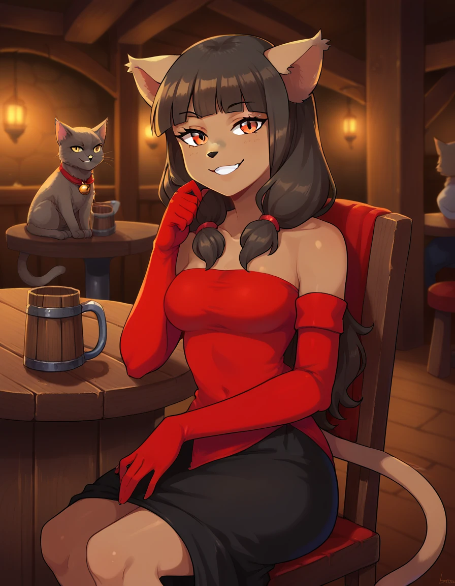 score_9, score_8_up, score_7_up, 1girl, Mirandaxl, dark skin, blunt bangs, twintails, orange eyes, animal nose, animal nose, cat girl, red dress, black dress, red elbow gloves, bare shoulders, smile, sitting on chair, tavern, solo, cat tail, fur, detailed, fluffy