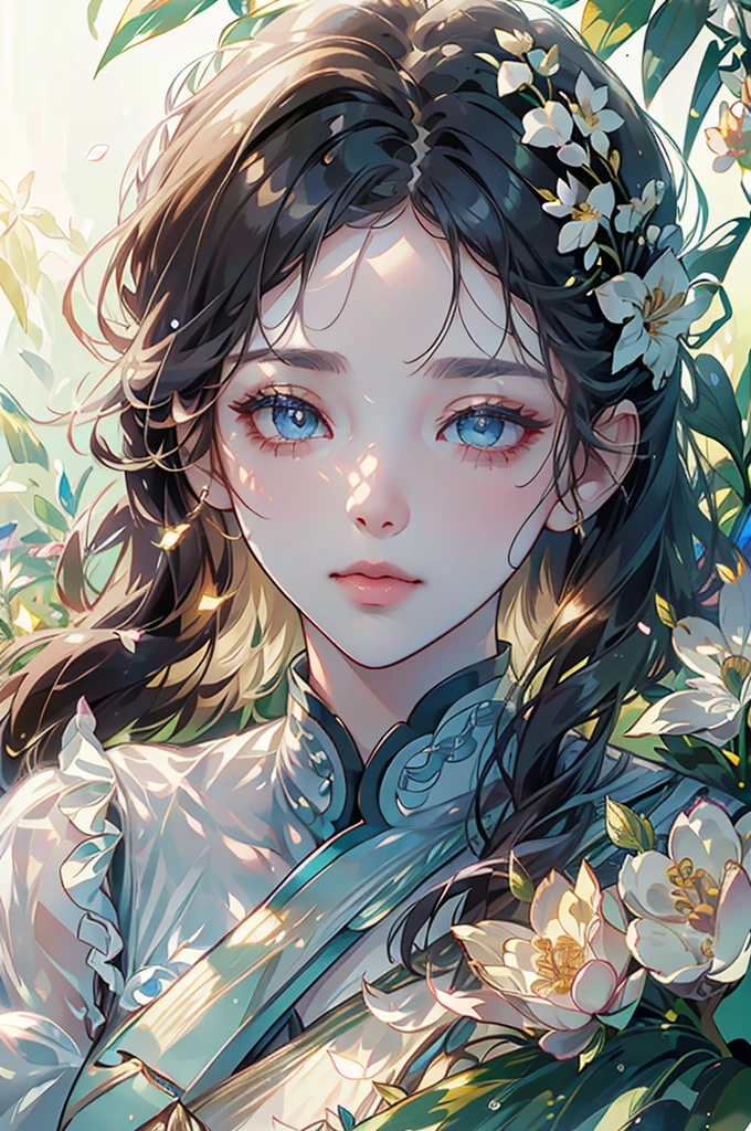 a girl sitting in a garden on a summer morning, surrounded by dew-covered flowers, white dew solar term, beautiful detailed eyes, beautiful detailed lips, extremely detailed eyes and face, long eyelashes, high quality illustration, 8k, photorealistic, vivid colors, natural lighting, warm soft light, detailed scenery, lush greenery, mystical atmosphere, serene and peaceful