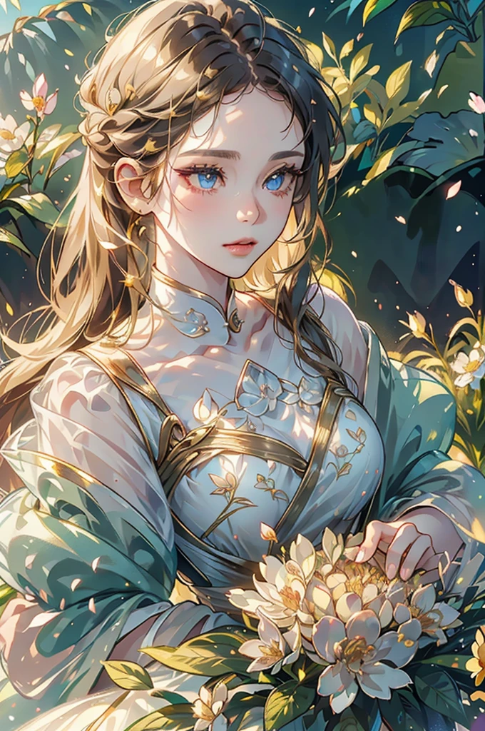 a young girl in a garden on a summer morning, dew on the grass, white dew solar term, beautiful detailed eyes, beautiful detailed lips, extremely detailed face and skin, long eyelashes, delicate floral dress, serene expression, idyllic landscape, warm golden lighting, highly detailed, 8k, masterpiece, photorealistic, cinematic composition, vibrant colors, natural lighting, lush foliage, delicate petals, dazzling highlights