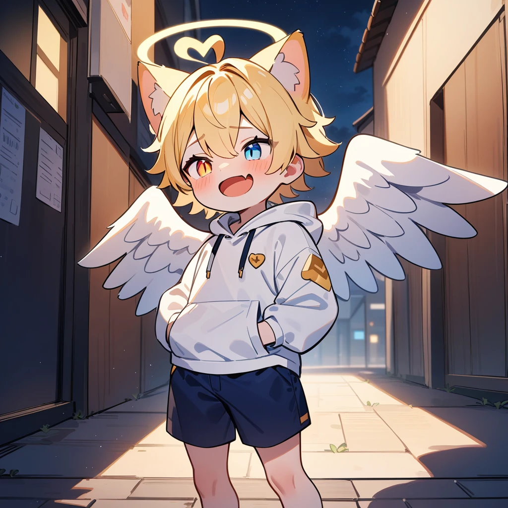 （masterpiece：1.2，high quality），8k，High resolution，A seven-year-old boy，cute boy，blonde hair，short hair， Heterochromia，slit pupils，heart ahoge，cat ears，halo on the head，（halo），laughing，skin fang，There are white angel wings behind，Wearing a white hoodie，Dark blue shorts，Standing outdoors，Full Moon，Night Sky，night，Full of flowers.，primary school student，thigh，alone，((Put your hands in your pockets))