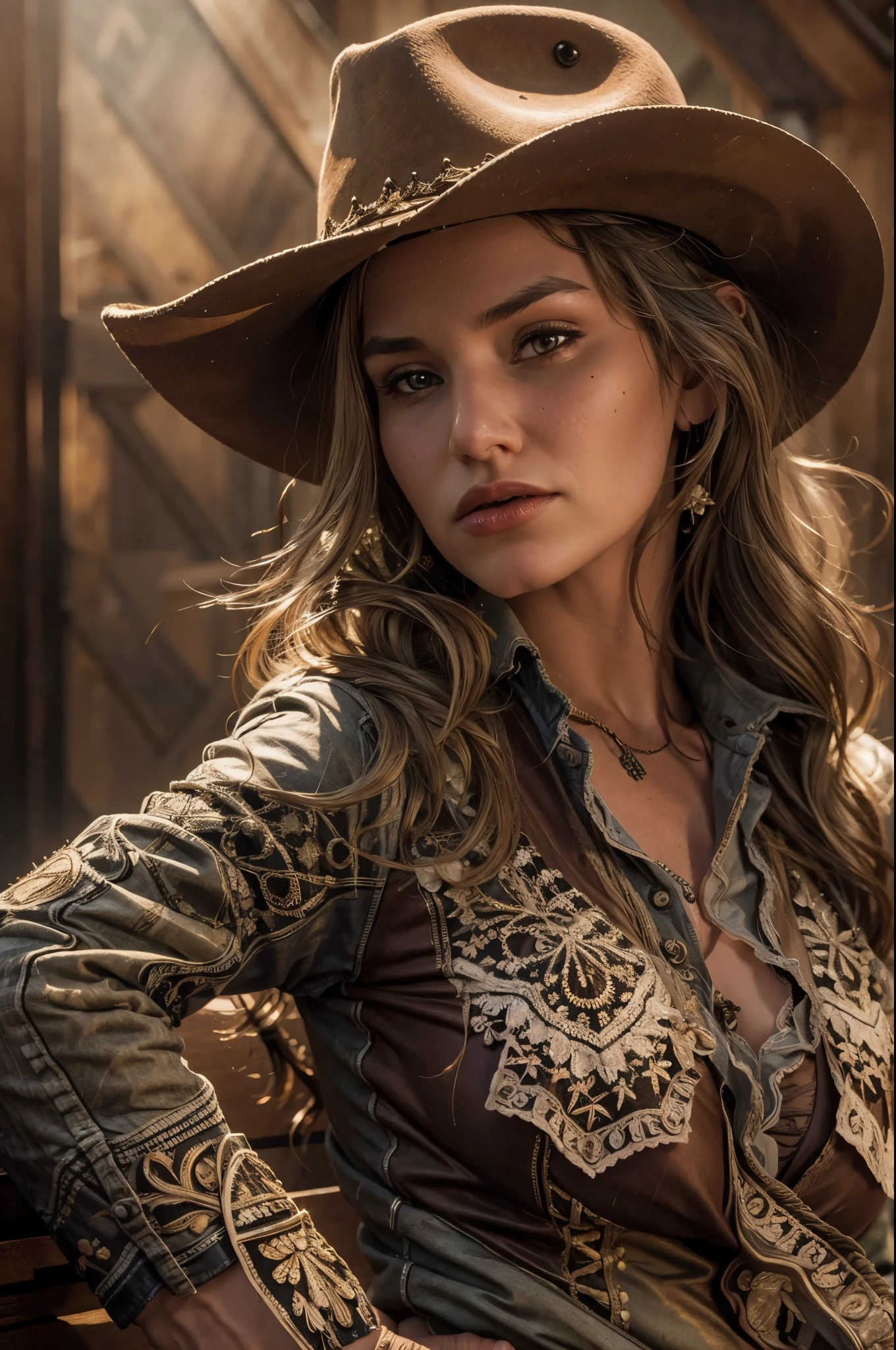 western cowboy style, cowgirl, photography, best quality, realistic, realistic, intricate details, (fine details), (intricate details), cinematic light, best quality backlight, clear lines, 8k, super high resolution, liz.ashley