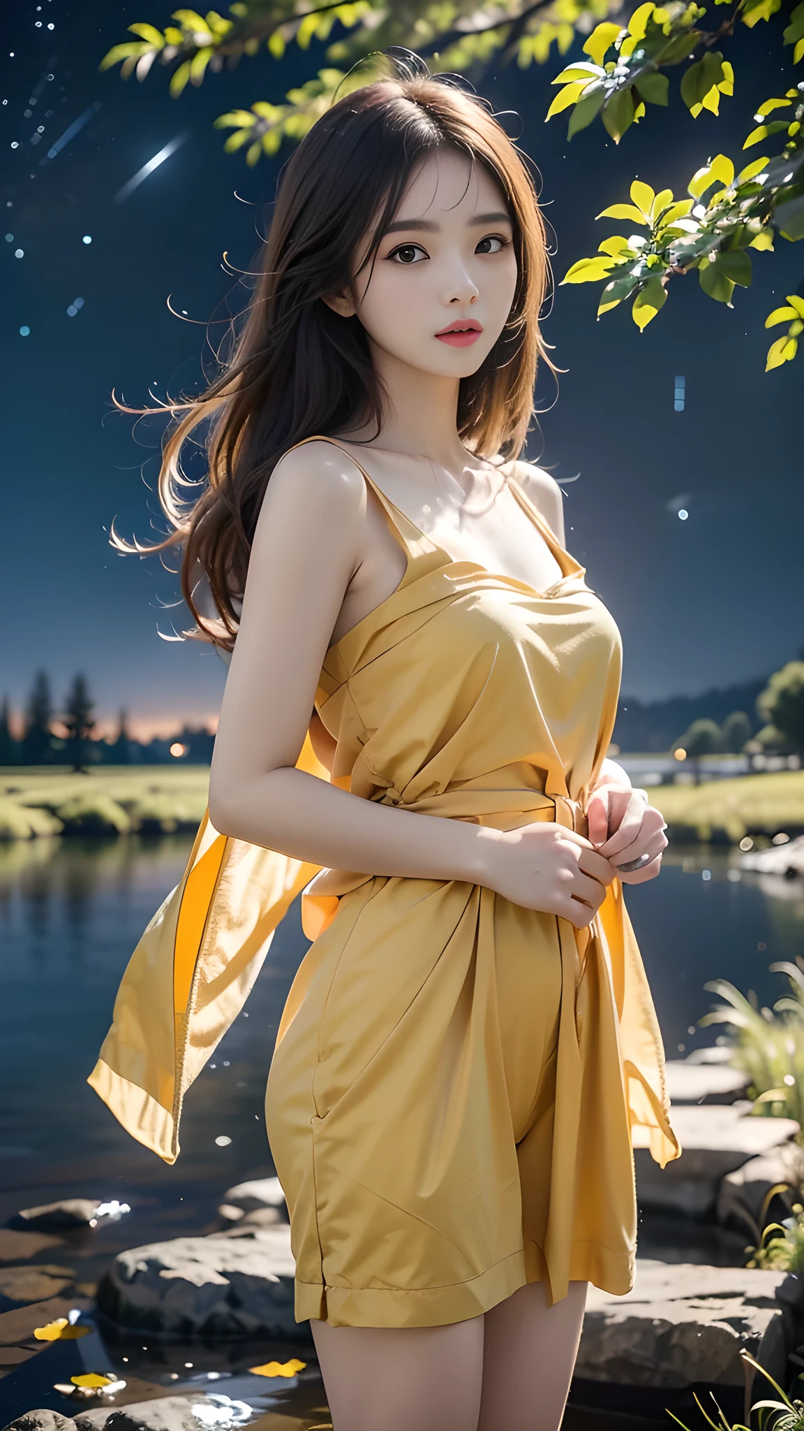 ulzzang-6500-v1.1, (RAW photo: 1.2), (Real photo), (Real photo: 1.4), 1 girl、Perfect anatomy、The girl stood by the lake, yellow leaves falling all around her. In one hand she held an unopened book, the other hand placed beside her, her eyes staring at the reflection of the water, Medium length hair、beside a vast lake in the middle of a wild forest, ((under the night sky with stars: 1.1))、 (Business service)、Asian eyes Ella,