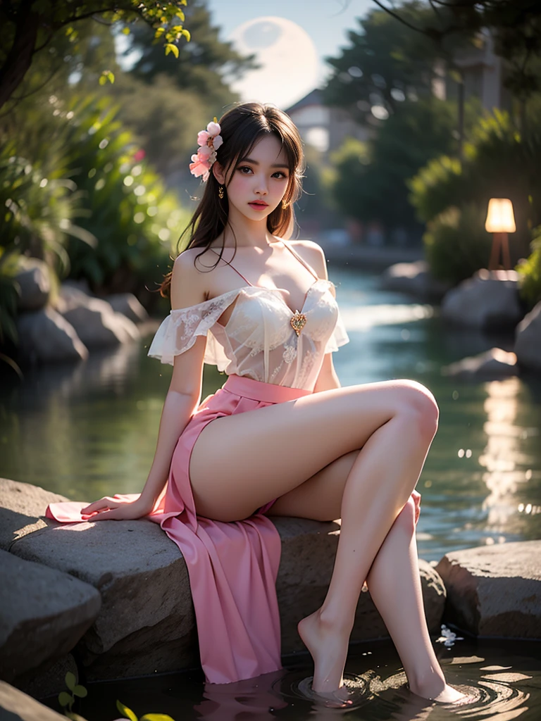 diamond dress (High quality details), 1 Girl, solo, Young women, Elegant Posture, ((night, moonlight)), (Female figure，Lying in the water naturally，River Water，rock, Relaxed expression), (Focus on natural body posture and correct anatomy:1.3), (Perfect leg proportions:1.3)，(True and accurate leg shape:1.2), ((Natural leg position)), The skirt is very short, One hand stroked the hem of the skirt, Lift the hem of your skirt, Bare shoulders, Natural posture, Soft expression, Exquisite makeup, Soft blush, Bright Eyes, Soft lips, Flower fairy style, ((Anatomically accurate)), (Real natural legs), Smooth skin, Soft lighting, high resolution, 8K Ultra HD, Clear focus, Professional photography effects, Random elegant scenes, Multi-angle shooting