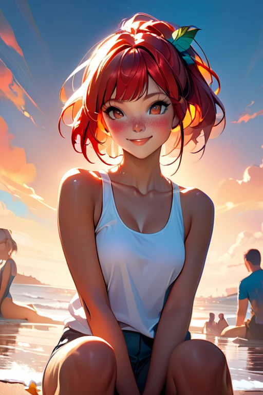 1 college woman; age 18; Slender, athletic; bright red hair; expressive light brown eyes with black pupils; attractive; lightly tanned skin; freckles on face; smiling; very large bust; trending on artstation; complex volumetric lighting; strong shadows; artistic lighting; dynamic; energetic vibe; realistic skin; specular highlights; micro-textures; highly detailed hair; wearing a white tank top; sitting on the beach at sunset with vibrant hues in the sky; beautifully detailed; epic focus including artists like Loish; Rhads; Beeple; Makoto Shinkai; Lois van Baarle; Ilya Kuvshinov; RossDraws; Tom Bagshaw; Alphonse Mucha