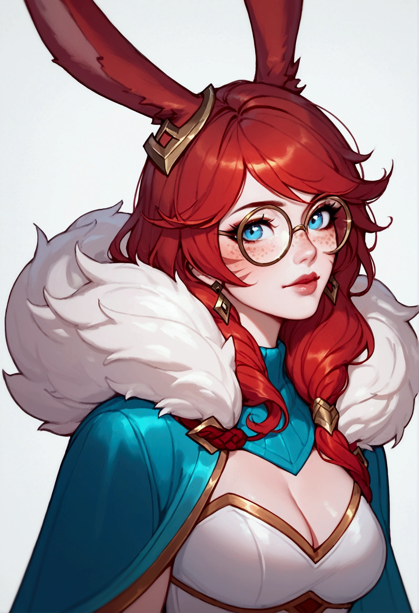 score_9, score_8_up, score_7_up, Aurora (league of legends), 1 girl, blue eyes, red hair, sexy, round glasses, freckles, bunny ears, squinty eyes, earrings, long eyelashes, sexy, pretty face, Ahri cosplay (league of legends)