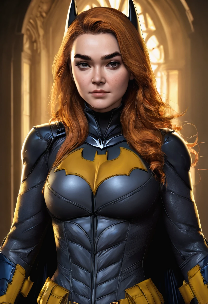 ((Full body photo, standing, feet on the ground)) a beautiful detailed portrait of Florence Pugh as Batgirl from the DC comics universe,Batgirl costume,Batman emblem on the chest,inspired by the Arkham trilogy video game series,hyperrealistic,8k,extremely detailed,intricate costume design,dramatic lighting,cinematic composition,vivid colors,digital art,concept art style,clear ginger hair,((Mask))