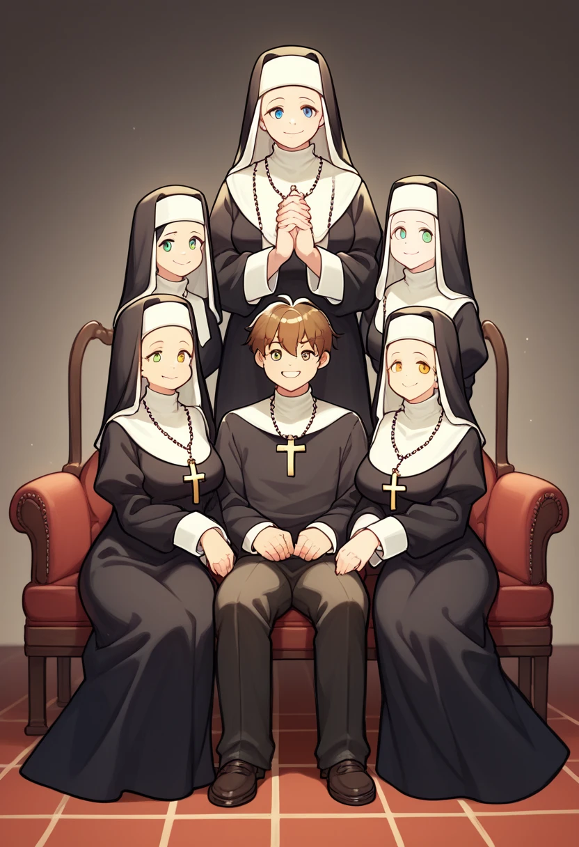 score_9, score_8_up, score_7_up, source_anime, BREAK 4 girls, 1boy, priest, nuns, priest sitting, full body, smile, looking at viewer, couch, 4 nuns standing behind couch, nuns are black, priest is white, nuns smiling, priest is oblivious,