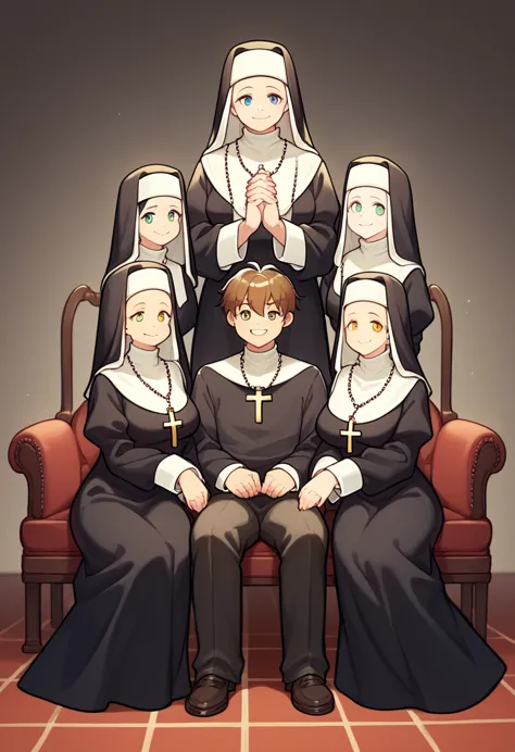 score_9, score_8_up, score_7_up, source_anime, break 4 girls, 1boy, priest, nuns, priest sitting, full body, smile, looking at v...