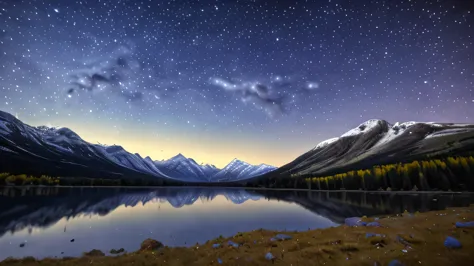 a very starry night. a huge moon seen behind the mountains. the quiet lake reflects the night. realistic scene, detailed, photor...