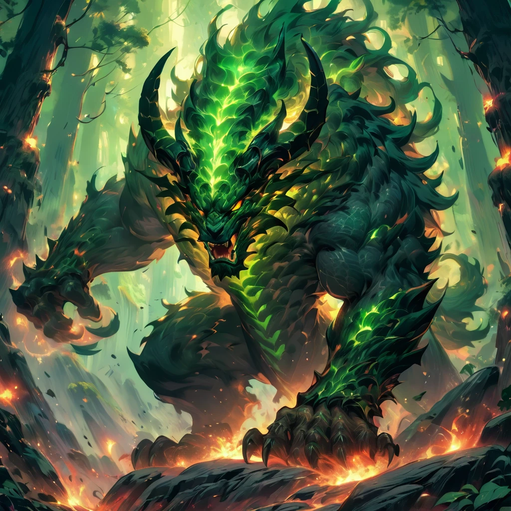 massive, fierce mythical creature, dark armor-like scales, enormous spiraled horns, wild green mane, glowing eyes, roaring stance, perched on rocky outcrop, thick clawed paws, electrifying lighting effects, surrounded by bolts of energy, dense forest background, towering ancient trees, dynamic and intense scene, strong dramatic lighting, light from all directions, shadows casting across scales, turbulent and powerful atmosphere, close-up view, deep depth of field, high contrast colors, vivid and surreal artwork.Fighting、battle