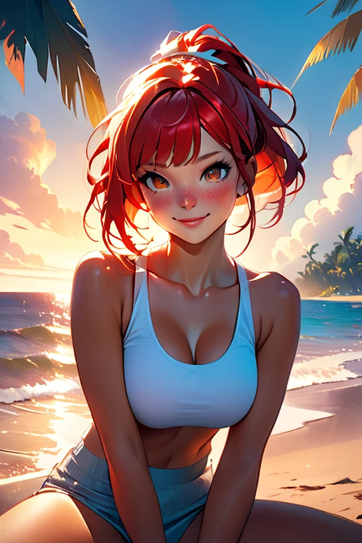 1 college woman; age 18; Slender, athletic; bright red hair; expressive light brown eyes with black pupils; attractive; lightly tanned skin; freckles on face; smiling; very large breasts; trending on artstation; complex volumetric lighting; strong shadows; artistic lighting; dynamic; energetic vibe; realistic skin; specular highlights; micro-textures; highly detailed hair; wearing a white tank top; sitting on the beach at sunset with vibrant hues in the sky; beautifully detailed; epic focus including artists like Loish; Rhads; Beeple; Makoto Shinkai; Lois van Baarle; Ilya Kuvshinov; RossDraws; Tom Bagshaw; Alphonse Mucha