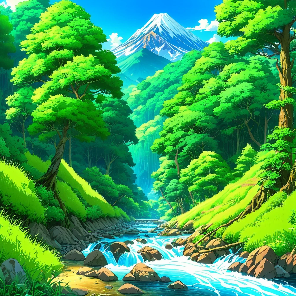 painting of a stream running through a lush green forest filled with trees, detailed painting 4 k, mountains river trees, anime landscape wallpaper, beautiful art uhd 4 k, anime countryside landscape, detailed scenery —width 672, beautiful digital painting, 4k highly detailed digital art, beautiful anime scenery, 8k high quality detailed art, anime nature wallpap, anime nature