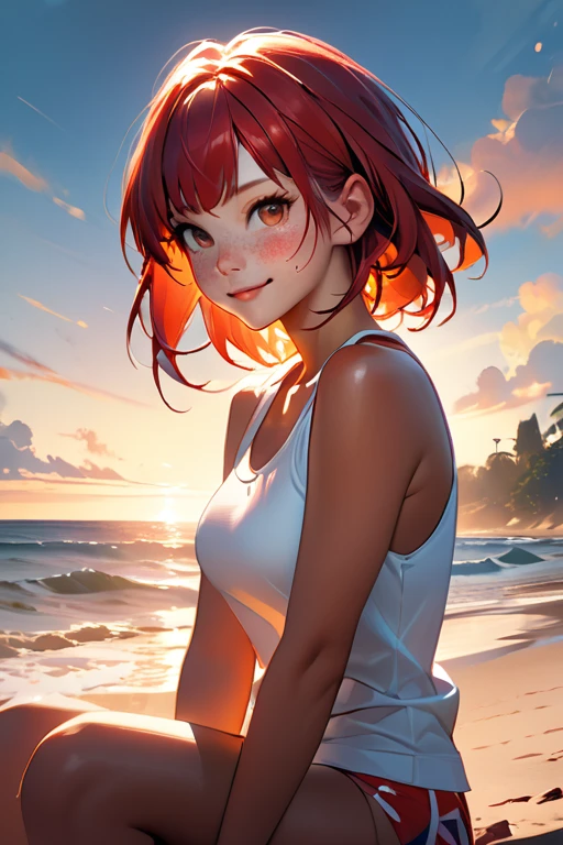 1 young woman; age 18; Slender, athletic; bright red hair; expressive light brown eyes with black pupils; attractive; lightly tanned skin; freckles on face; smiling; very large bust; trending on artstation; complex volumetric lighting; strong shadows; artistic lighting; dynamic; energetic vibe; realistic skin; specular highlights; micro-textures; highly detailed hair; wearing a white tank top; sitting on the beach at sunset with vibrant hues in the sky; beautifully detailed; epic focus including artists like Loish; Rhads; Beeple; Makoto Shinkai; Lois van Baarle; Ilya Kuvshinov; RossDraws; Tom Bagshaw; Alphonse Mucha