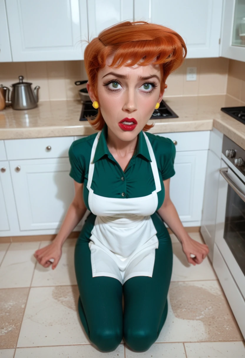 Dexter Mother from the cartoon "Dexter Laboratory", Red hair, short hair, perfect hands, big breasts, light green unbuttoned blouse, neckline, white apron, green sports leggings, on one's knees, In a kitchen, drowning face, from above his head, pov soy dexter, In a kitchen.