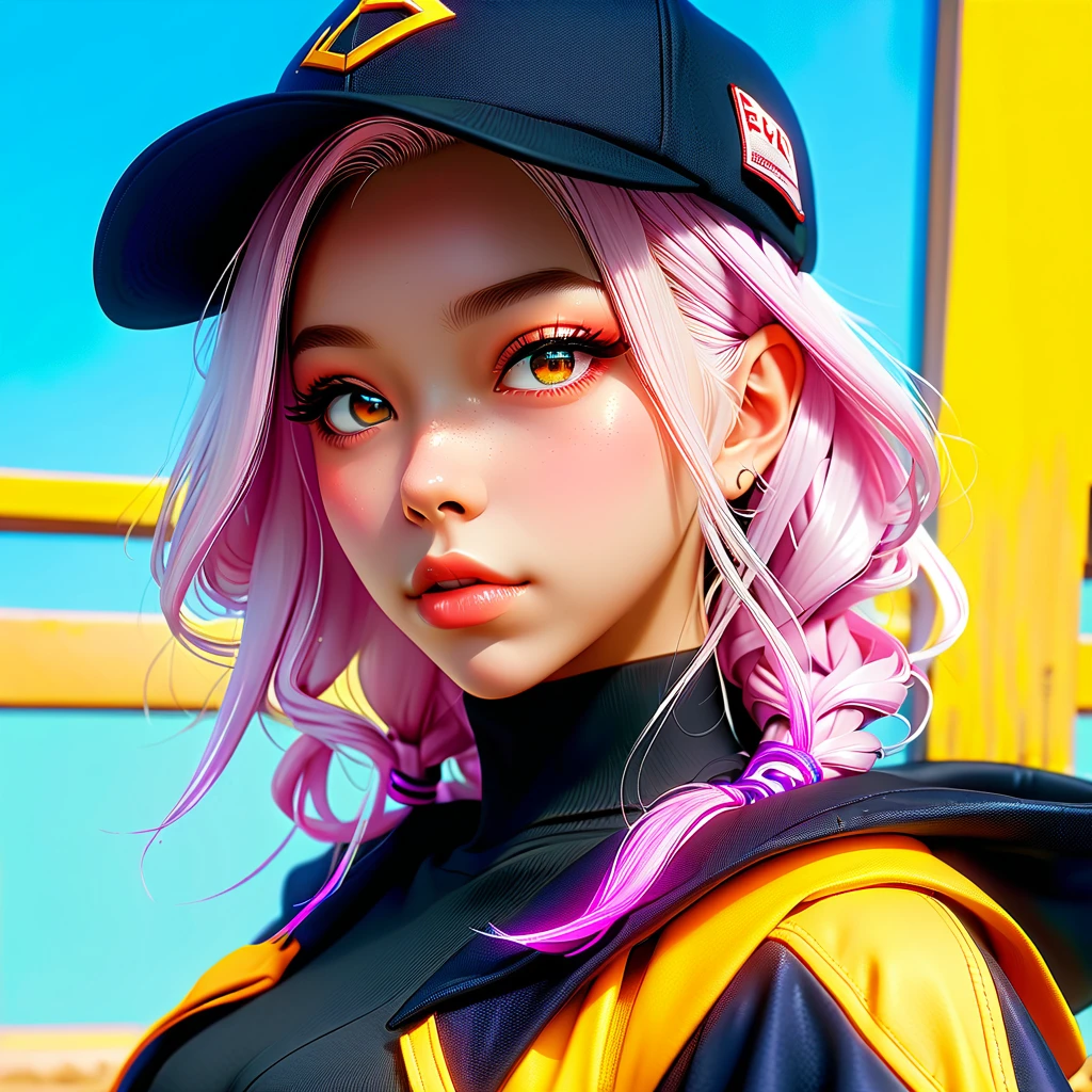 masterpiece, best quality, 4k, UHD, mishoujo, painting, beautiful eyes and detailed face, illustration, beautiful detailed, high resolution illustration, glowing_white_particles, 1girl, white hair, light purple eye, hair over one eye, short sidetail, baseball cap,expressionless, window shade, black jacket, chest rig, cyberpunk, techwear,(Impressionism:1.4), Vincent van Gogh