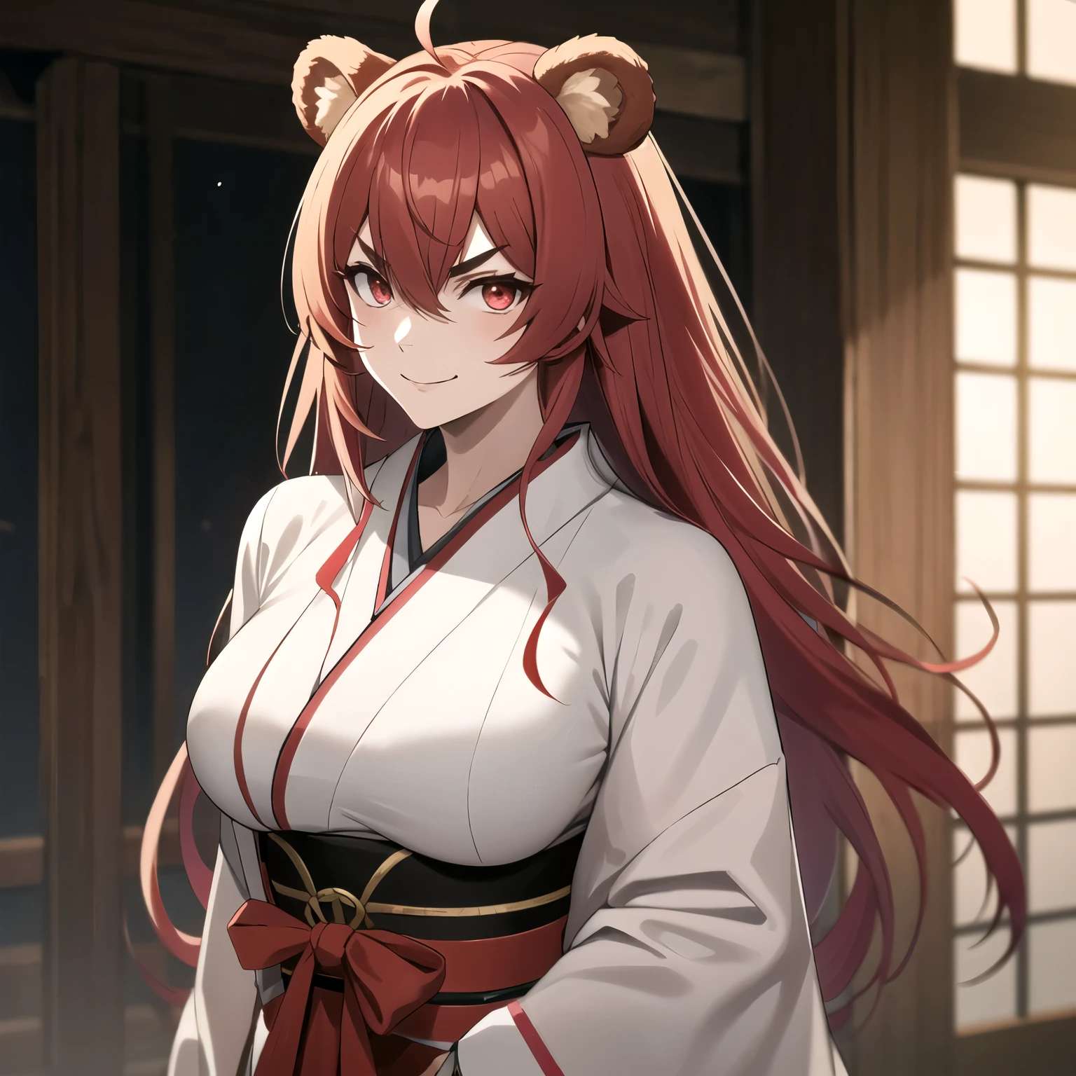 Eris Greyrat , Bear  , Red hair, short eyebrows, red eyes, evil look, evil smile, large breasts,  low-cut kimono . bear ears.