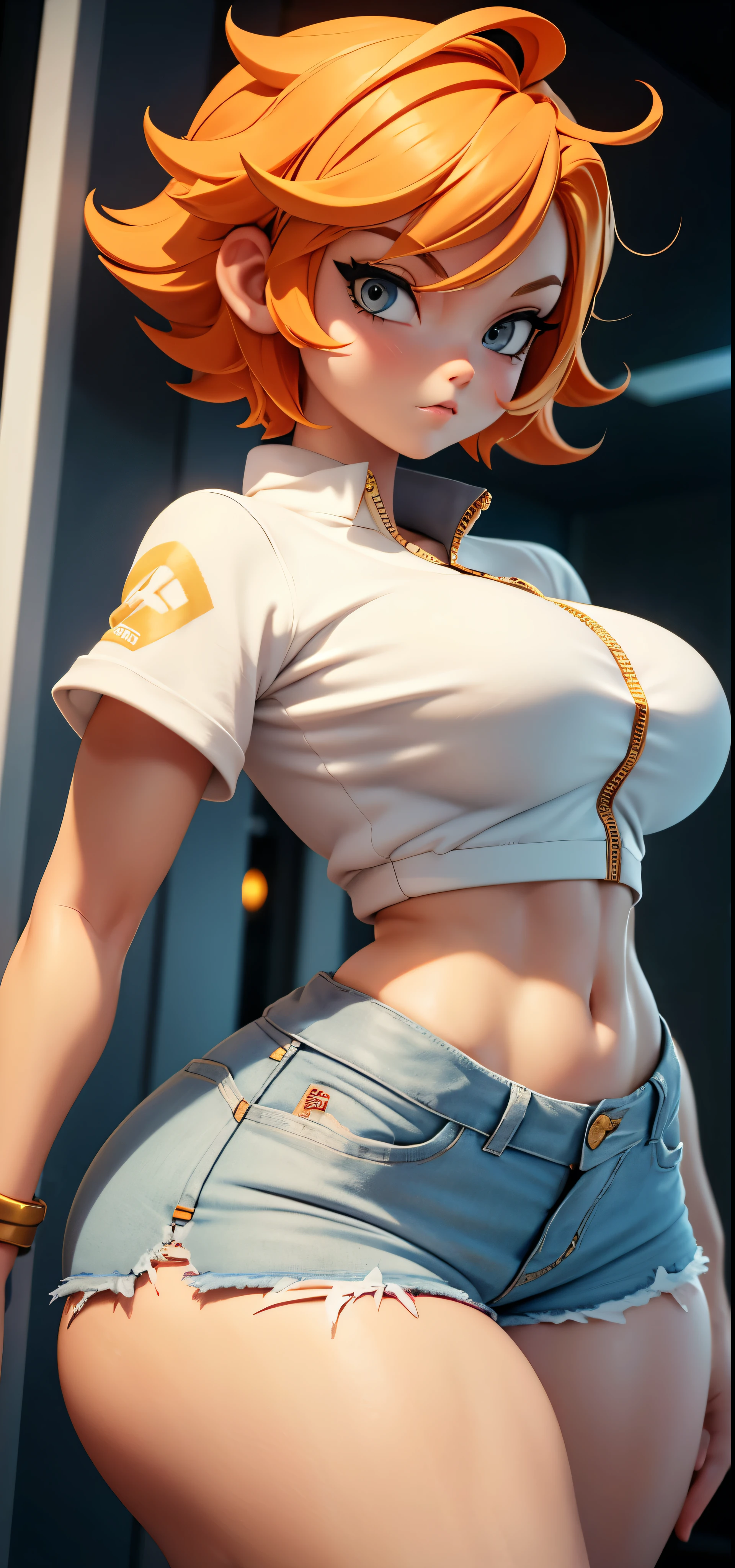 Nordic girl, white skin, medium-short height, medium orange hair, She was wearing torn shorts, a shirt with a striking gold zipper. most beautiful woman in the world, nsfw, big , big ass