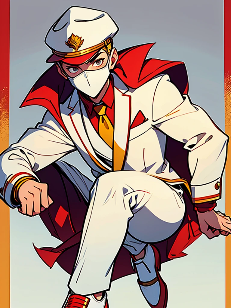 Young teenage male wearing a white balaclava that completely covers his face, but only reveals his eyes that glow red. He is wearing a white formal jacket with gold metallic shoulder pads, a white formal shirt with a red tie, white trousers with metallic knee pads, gold-colored shoesMáscara en la cabeza, Fedora, 