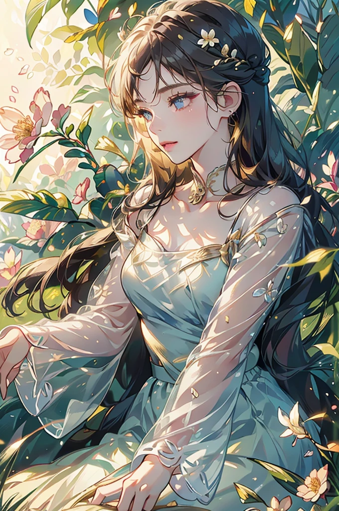 a young girl in a garden on a summer morning, dew on the grass, white dew solar term, beautiful detailed eyes, beautiful detailed lips, extremely detailed face and skin, long eyelashes, delicate floral dress, serene expression, idyllic landscape, warm golden lighting, highly detailed, 8k, masterpiece, photorealistic, cinematic composition, vibrant colors, natural lighting, lush foliage, delicate petals, dazzling highlights