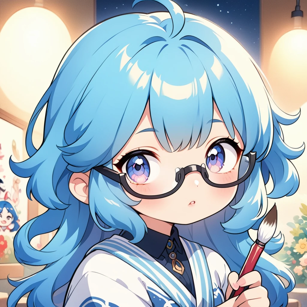 Blue hair and glasses、Cartoon girl holding a paintbrush, Cute art style, Anime Moe Art Style, Cute realistic portrait, IG Studio Anime Style, Anime art style, Cute portrait, Cute anime style, Chibi Art, Chibi Style, Cute pretty girl, Anime art style, , In anime style, beautiful Anime art style, Anime style portrait,4Kグラフィック,