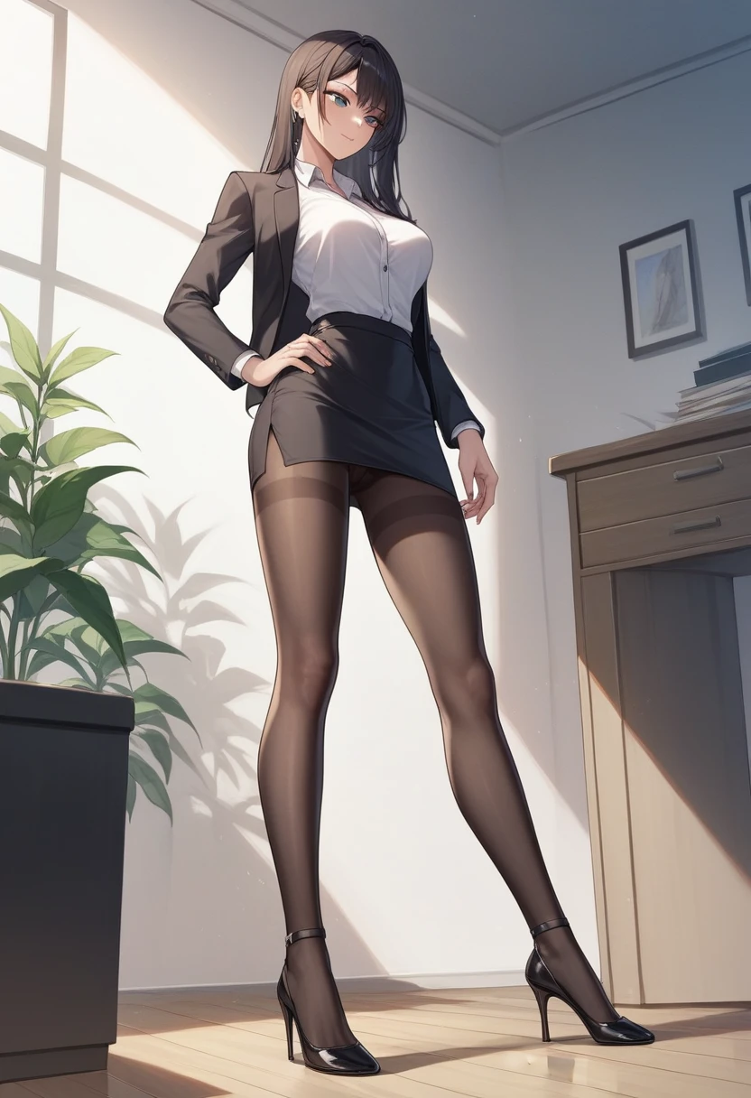 ((Best Quality)), ((masterpiece)), (be familiar with) Perfect Face、Mature beautiful woman、Standing, The whole body, even the toes, See the audience at your feet、Looking down、Office Style、business suit、Black jacket、White open shirt、Black knee-length pencil skirt、Black Pantyhose、Wearing black high heel pumps、Looking Down、thrust one&#39;s high-heeled feet towards the viewer、Trying to step on、High heels close up、The soles of the shoes are visible、Beige soles、A viewer looks up at this woman from below