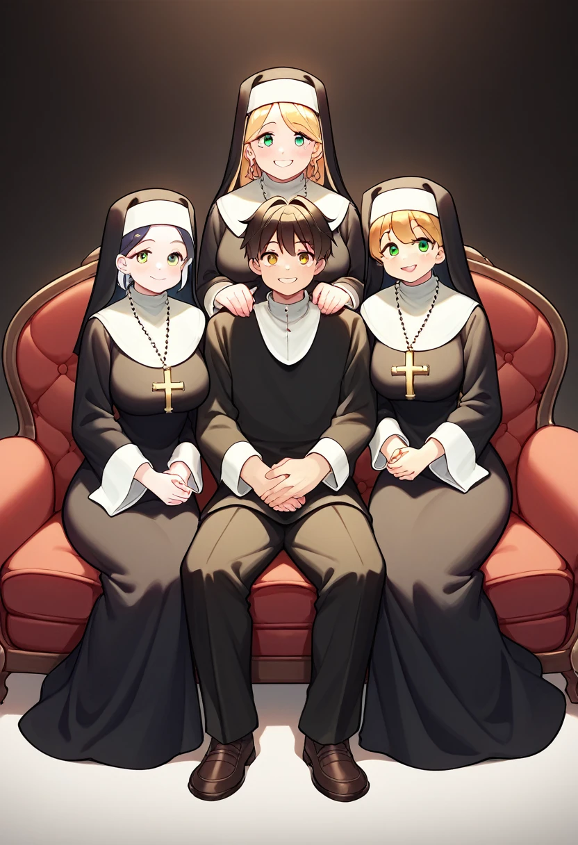 score_9, score_8_up, score_7_up, source_anime, BREAK 4 girls, 1boy, priest, nuns, priest sitting, full body, smile, looking at viewer, couch, (((4 nuns standing behind couch))), nuns have possessive hands on priest, (((nuns are black))), priest is white, nuns smiling, priest is oblivious,